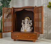 Yaj Sheesham Wood Home Temple With Panelled Slatted Doors & Large Drawer Storage (Teak Finish)
