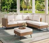 Beige Rattan And Wicker 5 Seater Patio Set With Table And Off White Cushions