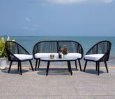 Black Rope 4 Seater Sofa With Table And White Cushions Patio Set