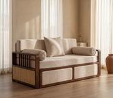 Vaastu 3-Seater Sheesham Wood Sofa Cum Bed in Premium Upholstery with Cane Weaving & Brass Accents (Teak Finish, Cottage Ivory)