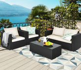 Black Rattan And Wicker 4 Seater Outdoor Furniture Set With Table And Cream Cushions