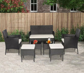 Black Rattan And Wicker 6 Seater Patio Set With Table And off White Cushions