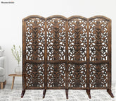 Jonathan Hand Carved Wooden Room Divider Four Panels In Plant With Floral Pattern With Stand