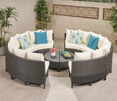 Dark Brown Rattan And Wicker 8 Seater Patio Set With Table And Cream Cushions