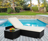 Black Adjustable Outdoor Patio Lounger With Table And Off White Cushions