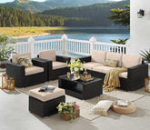 Dark Brown Rattan And Wicker Patio Set With Cream Cushions And Table
