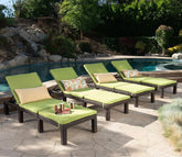 Dark Brown Adjustable Outdoor Lounger With Green Cushions (Set Of 4)