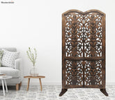 Floral Hand Carved Wooden Room Divider Single Panel With Stand