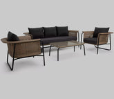 Brown Rattan And Wicker 5 Seater Sofa Set With Table And Black Cushions