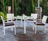 White Wicker And Rattan 4 Seater Dining Set With Dark Brown Cushions