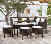 Dark Brown Rattan And Wicker 7 Seater Patio Set With Table And Off White Cushions