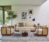 Varnik 3+1+1 Ash Wood Sofa Set with Cane Accents (Teak Finish, Cottage Ivory)