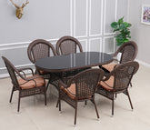 6 Seater Wicker Dining Table Set With Cream Cushions (Brown)