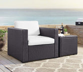 Dark Brown Rattan And Wicker Patio Sofa Cum Chair With White Cushions