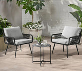 Black Rope 2 Seater Chair With Table And Off White Cushions Balcony Set