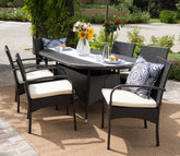 Dark Brown Rattan And Wicker Dinning Patio Set With Cream Cushions