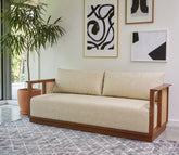 Varnik 3 Seater Ash Wood Sofa with Cane Accents (Teak Finish, Cottage Ivory)
