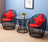 Black Rattan And Wicker 2 Seater Set With Table And Red Cushions