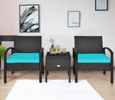 Black Rattan And Wicker 2 Seater Set With Table And Sky Blue Cushions
