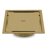 Trueliving_Diamond Silver Square Flat Cut Floor Drain in Yellow Gold PVD Coating (5 x 5 Inches)
