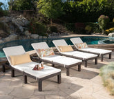 Dark Brown Adjustable Outdoor Lounger With White Cushions (Set Of 4)