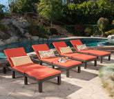 Dark Brown Adjustable Outdoor Lounger With Orange Cushions (Set Of 4)