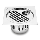 Trueliving_Classic Silver Square Flat Cut 304-Grade Floor Drain with Hinge, Hole & Cockroach Trap (5 x 5 Inches)