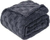 LINENCART Fleece Throw Blanket Queen Size, 300GSM Checkered Coral Fleece Blanket for Couch or Bed, Soft Lightweight Warm Blankets for All Seasons, Charcoal, 220 x 240 cm