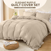 LINENOVA Ruffle Quilt Cover Set Queen – Ultra Soft 2000TC Microfibre Duvet Doona Cover with Corner Ties & Button Closure – 3-Piece Bedding Set with 2 Pillowcases - Warm Sand