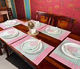 White and Green Flower Printed Table Mat with Napkins - Set of 6