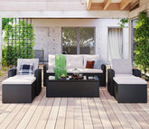 Black Rattan And Wicker 7 Seater Sofa Set With Table And Offwhite Cushions