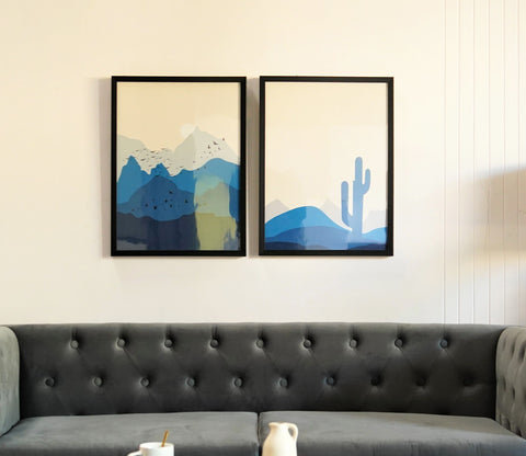 Blue And Grey Hues Landscape Set Of 2 Wall Frame (Rectangle, Black, 18X24, Canvas)