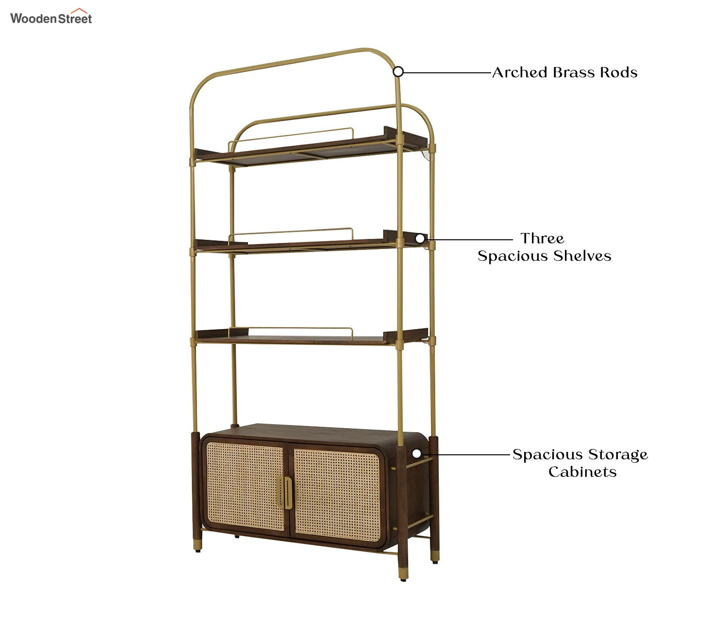Rachit Sheesham Wood and Cane Door Brass Piping Book Shelf (Teak Finish)