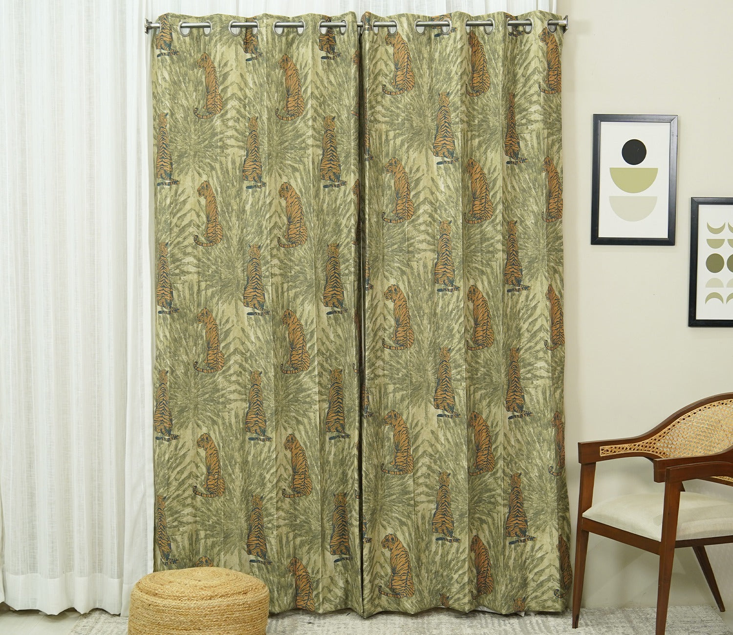 Leopard Print Light-Filtering Door Curtains Set of 2 (Green, 7 Feet)
