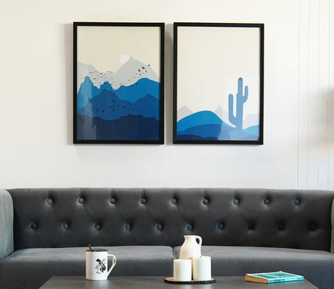Blue And Grey Hues Landscape Set Of 2 Wall Frame (Rectangle, Black, 18X24, Canvas)