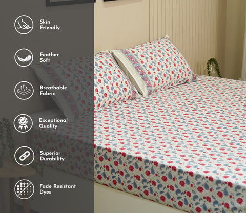 200 TC Double Bed Sheet - Bloom Shay Cotton Bedsheet King Size With 2 Pillow Cover