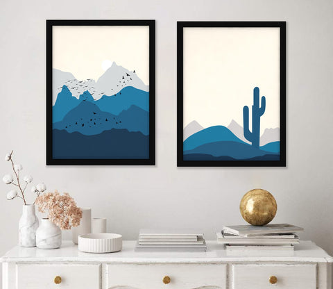 Blue And Grey Hues Landscape Set Of 2 Wall Frame (Rectangle, Black, 18X24, Canvas)