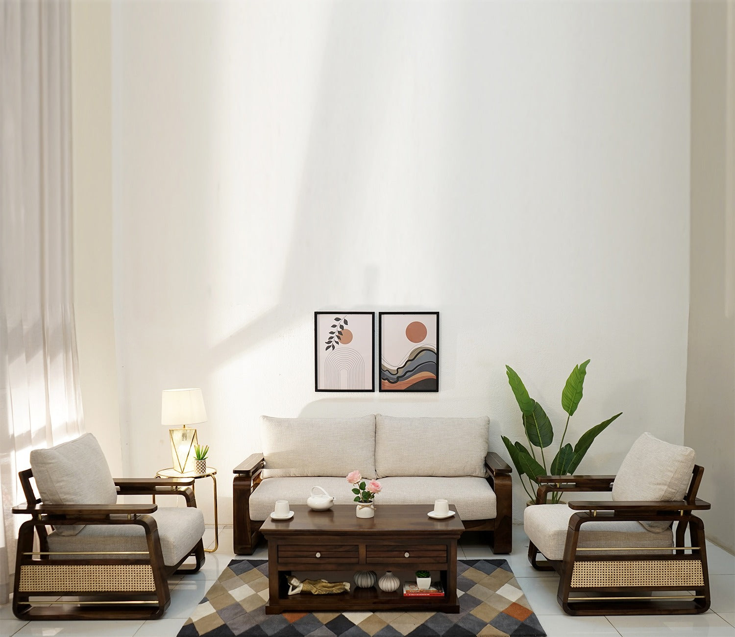 Vedic 3+1+1 Sheesham Wood Sofa Set With Cane and Brass Detailing (Walnut Finish, Jade Ivory)