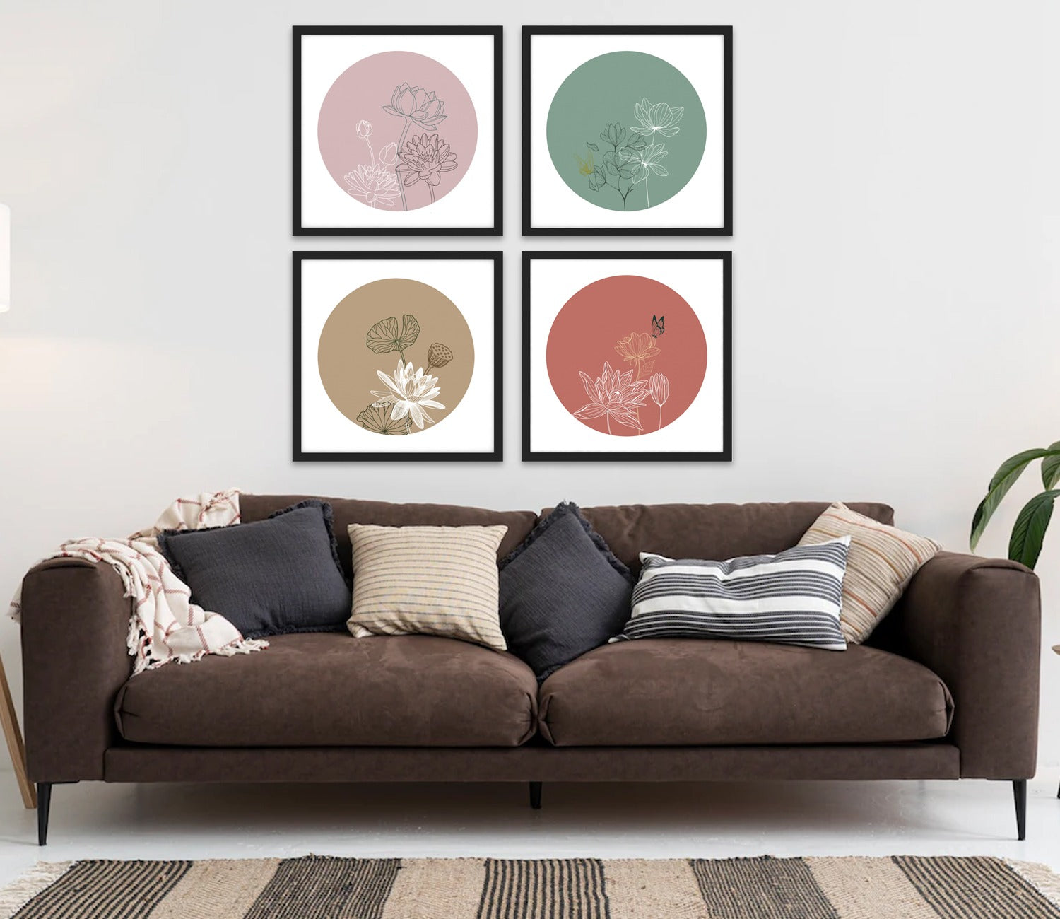Ayana Blooming Contemporary Floral Art Set of 4 Wall Frame (Square, Black, 16x16 Inch, Matte Paper)