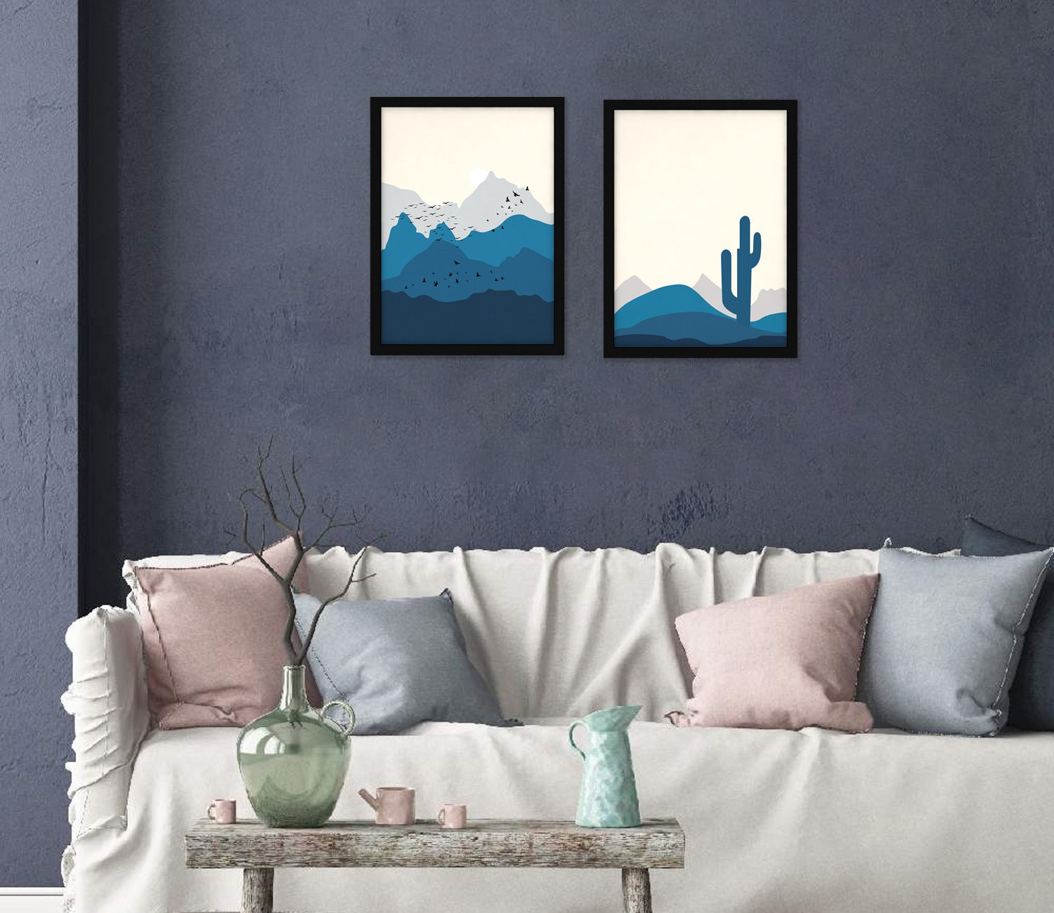 Blue And Grey Hues Landscape Set Of 2 Wall Frame (Rectangle, Black, 18X24, Canvas)