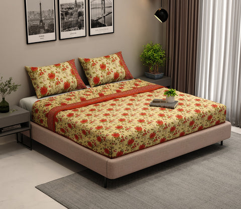 120 TC Floral Jaipuri Printed Cotton Double Bedsheet With 2 Pillow Cover