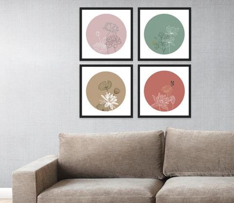 Ayana Blooming Contemporary Floral Art Set of 4 Wall Frame (Square, Black, 16x16 Inch, Matte Paper)