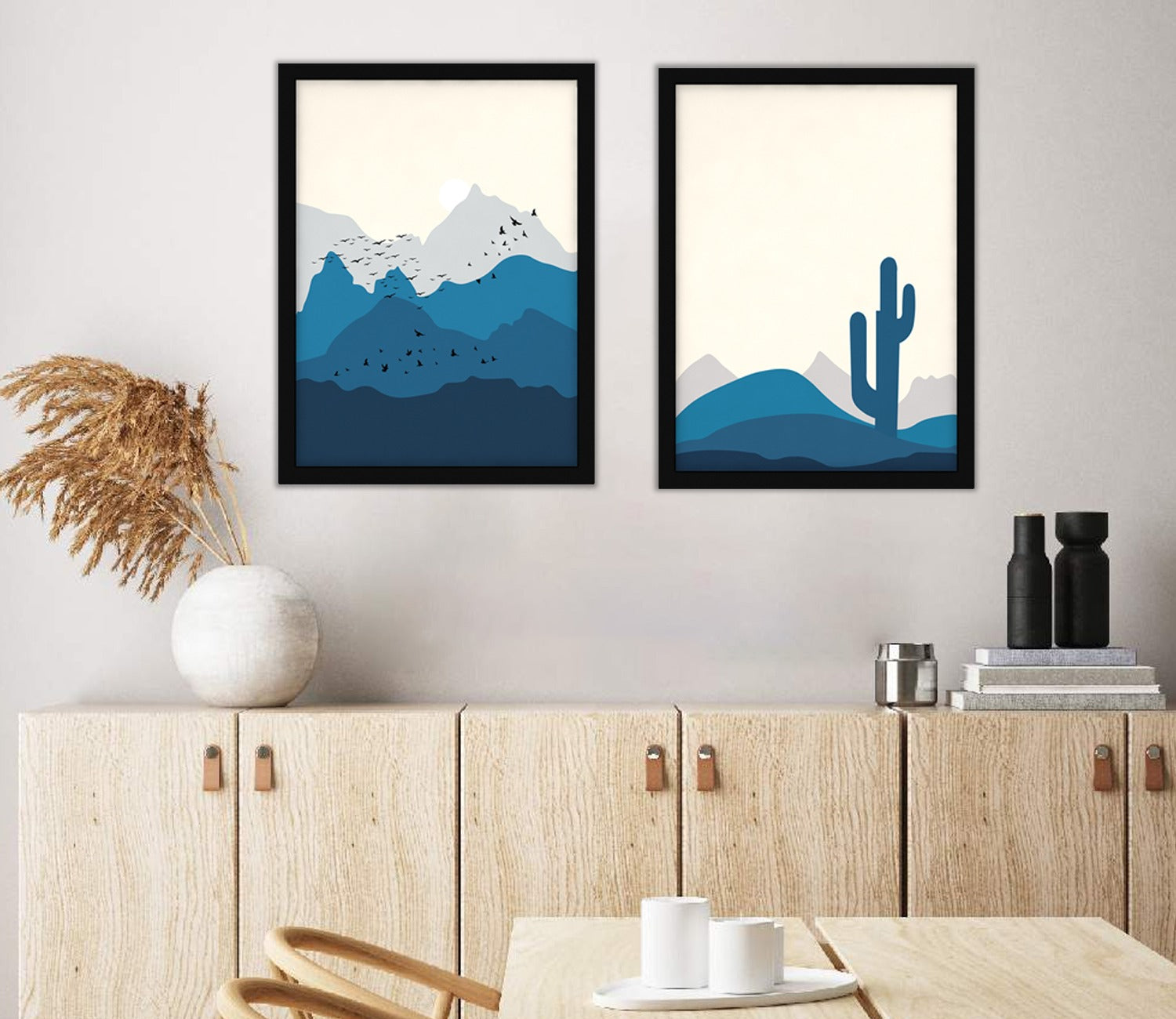 Blue And Grey Hues Landscape Set Of 2 Wall Frame (Rectangle, Black, 18X24, Canvas)