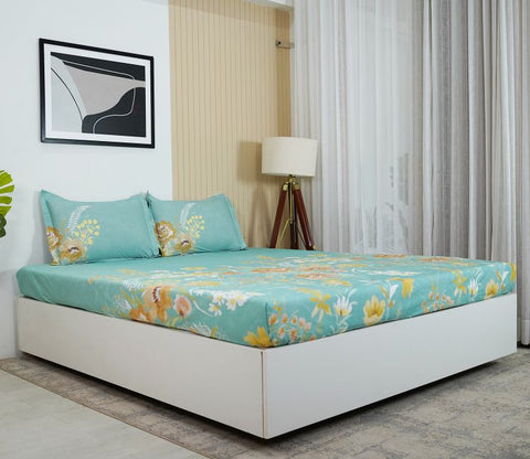 Marigold 144 TC Flat Pure Cotton King Size Bedsheet With 2 Pillow Covers (Blue)