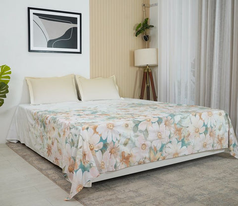 Falling Buds 144 TC Flat Pure Cotton King Size Bedsheet With 2 Pillow Covers (Blue)