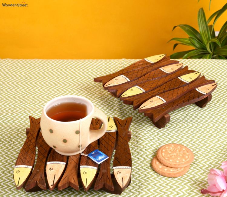 Fish Shape With Tribal Art Wooden Handcrafted Coaster - Set of 2