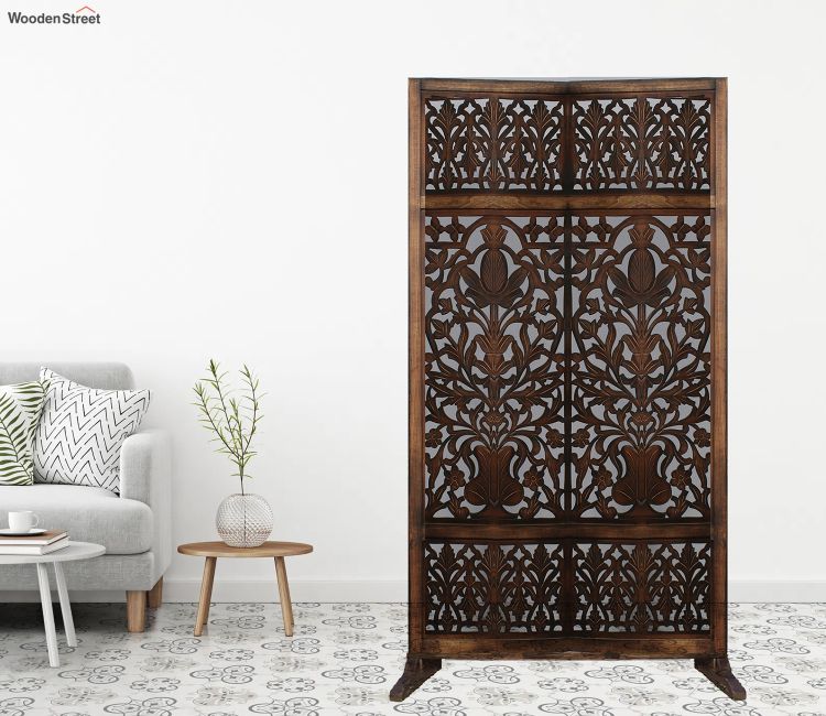 Maverick Floral Hand Carved Wooden Room Divider Single Panel With Stand
