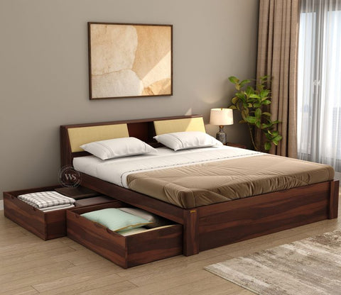 Walken Sheesham Wood Bed with Full Drawer Storage (King Size, Walnut Finish)