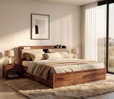 Wildon Premium Sheesham Wood Bed with Cushioned Headboard and Drawer Storage (King Size, Teak Finish)