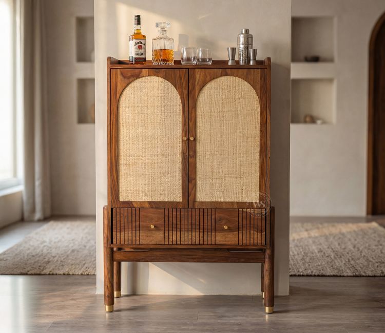 Amodh Sheesham Wood Bar Cabinet with Arched Cane Doors & Brass Handles (Teak Finish)